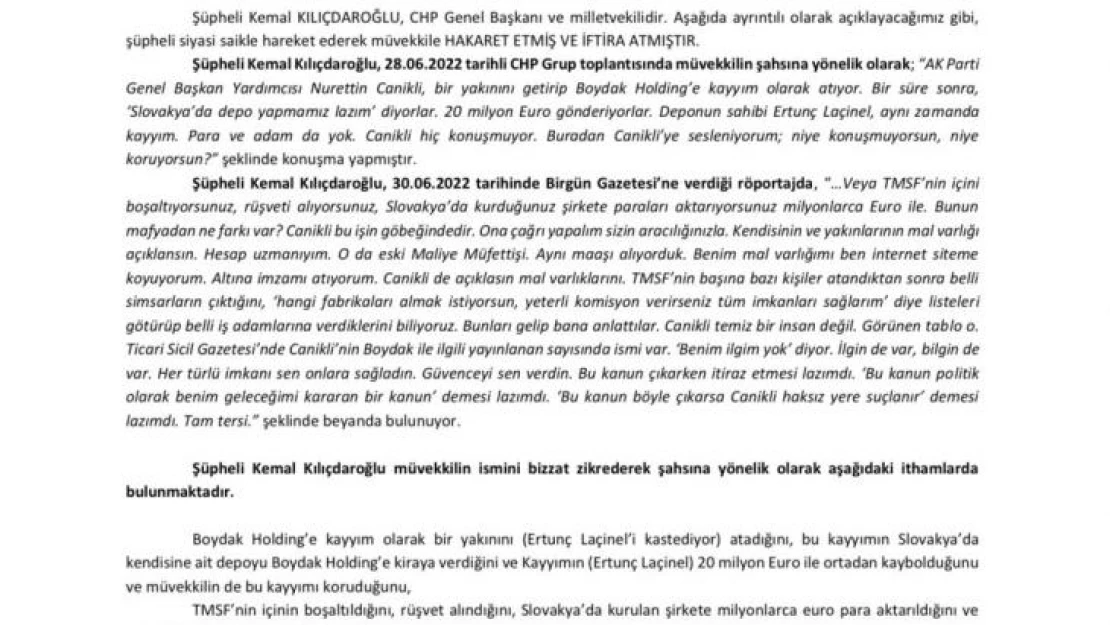 AK Parti Genel Başkan Yardımcısı Canikli'den Kılıçdaroğlu hakkında suç duyurusu