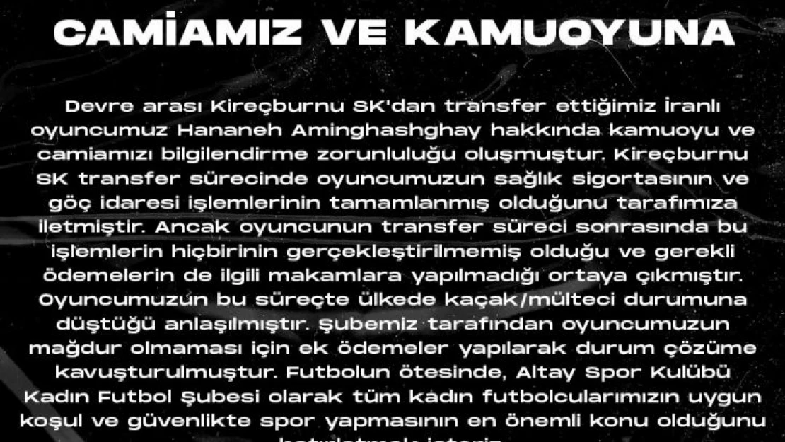 Altay'ın İranlı kadın futbolcusu kaçak/mülteci durumuna düştü