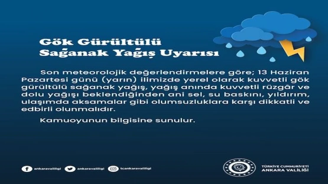 Ankara için gök gürültülü sağanak, sel, yıldırım uyarısı