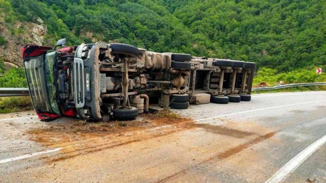 Ayçiçeği küspesi yüklü tır yan yattı, sürücü yaralandı