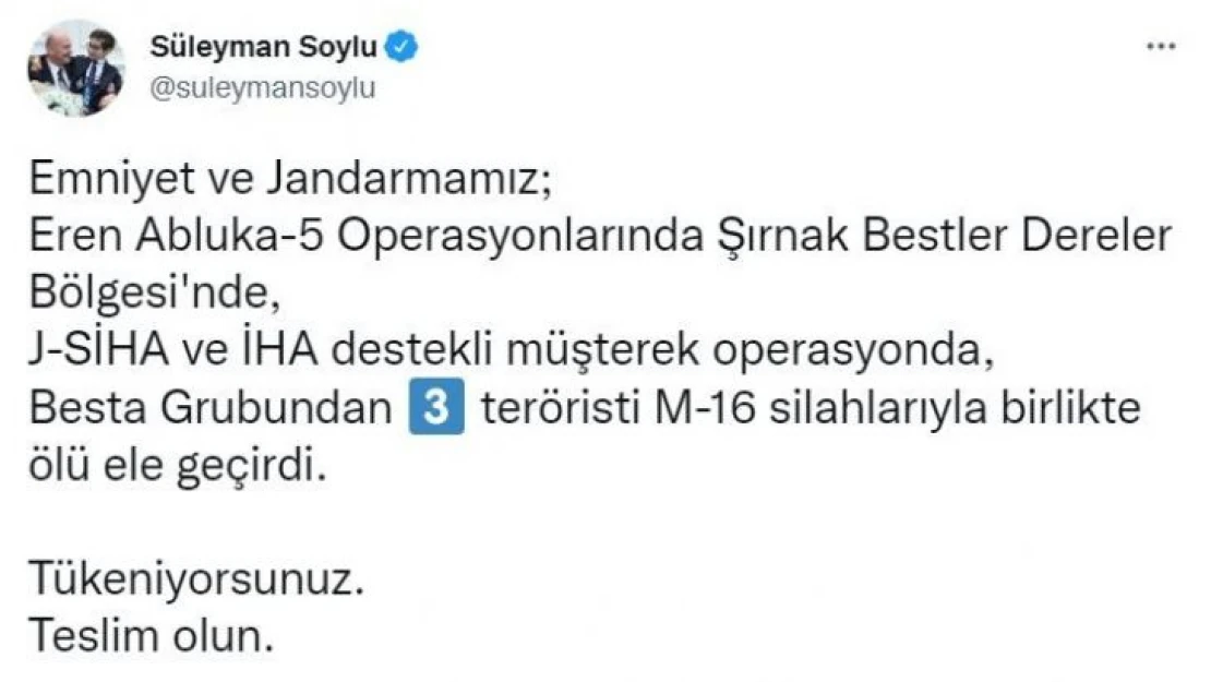 Bakan Soylu duyurdu: 'Besta Grubundan 3 terörist silahlarıyla birlikte ölü ele geçirildi'