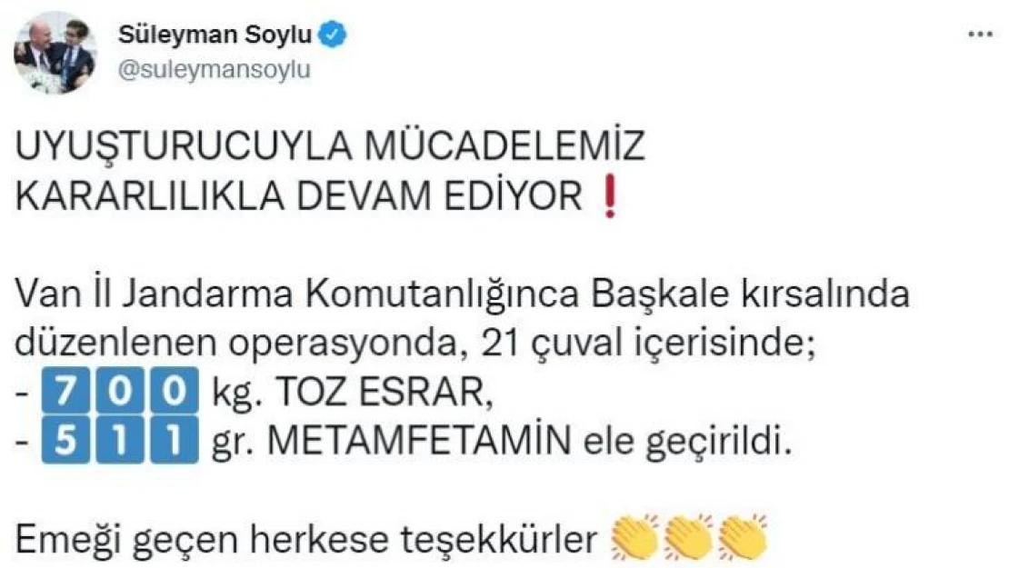 Bakan Soylu duyurdu: Van'da 700 kiloyu aşkın uyuşturucu ele geçirildi