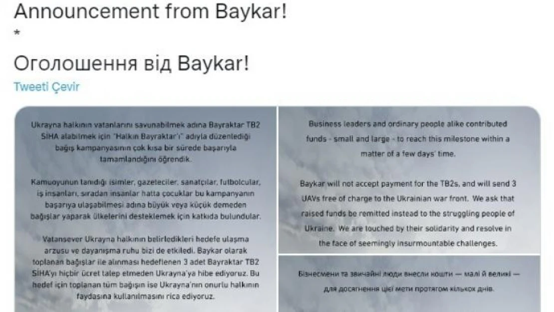 Baykar'dan Ukrayna'ya destek