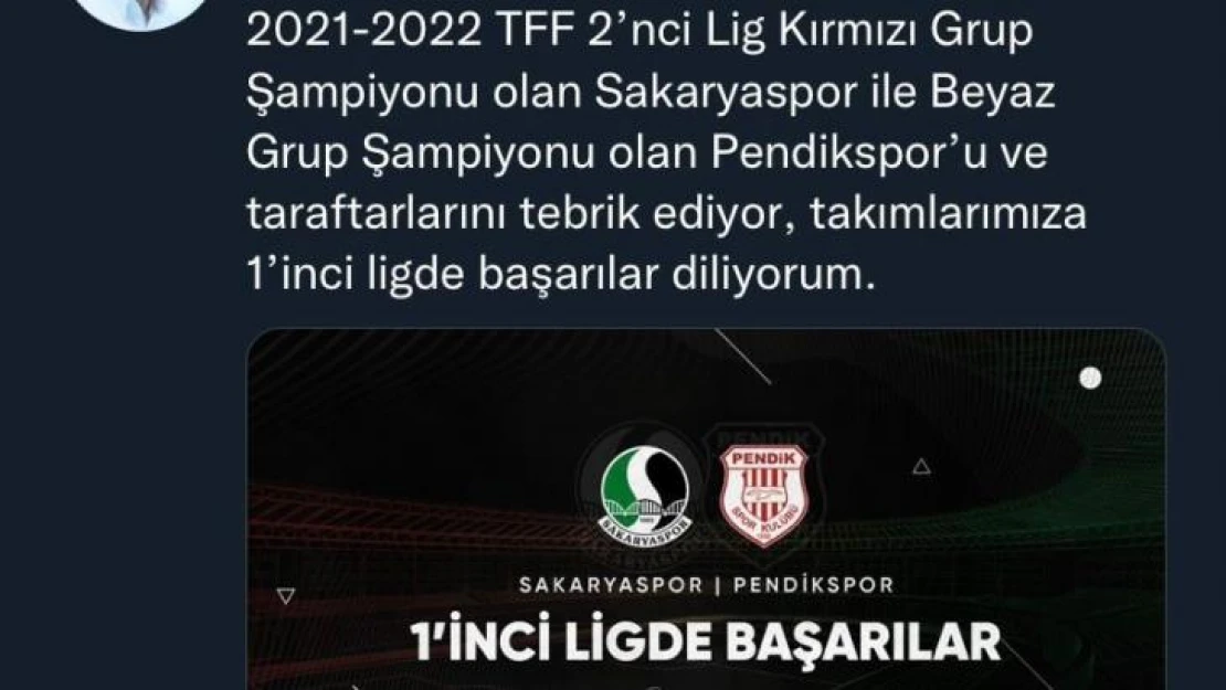 Cumhurbaşkanı Erdoğan Sakaryaspor'u tebrik etti