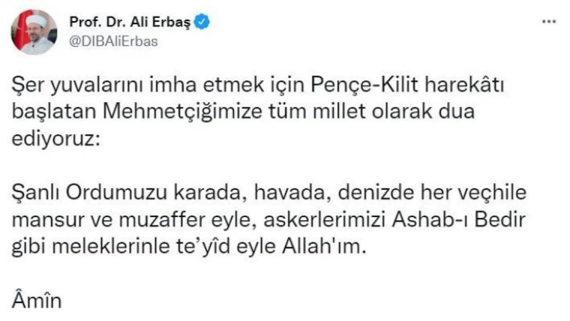 Diyanet İşleri Başkanı Erbaş'tan Mehmetçiğe destek mesajı