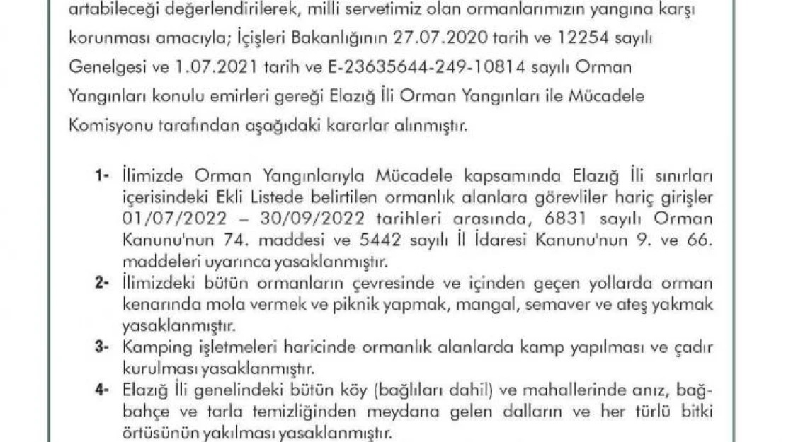 Elazığ'da ormanlık alanlara girişler yasaklandı