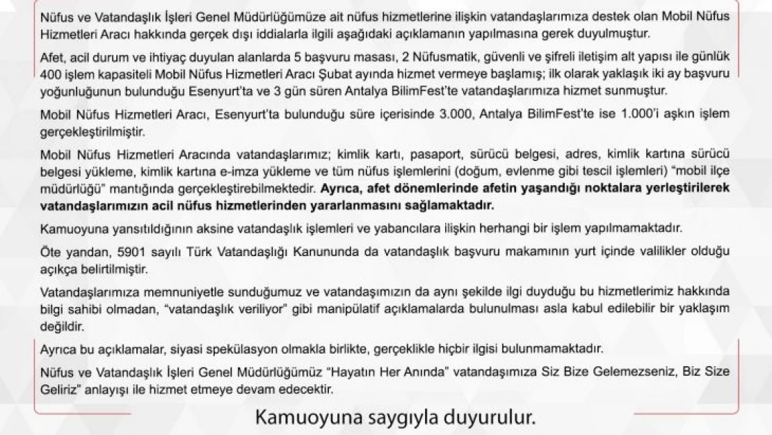 İçişleri Bakanlığı'ndan Mobil Nüfus Hizmetleri Aracı hakkında çıkan iddialara yalanlama