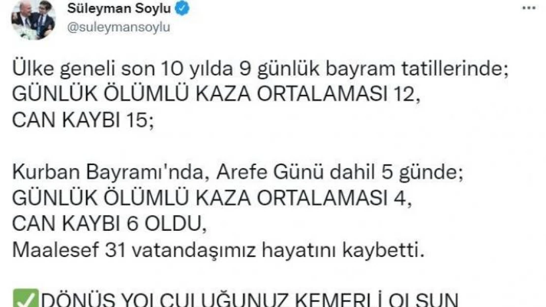 Kurban Bayramı'nda trafik kazalarında 31 kişi hayatını kaybetti