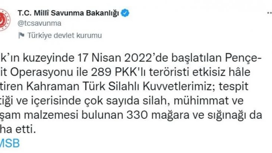 MSB duyurdu: Pençe-Kilit Operasyonunda bugüne kadar 289 terörist etkisiz hale getirildi