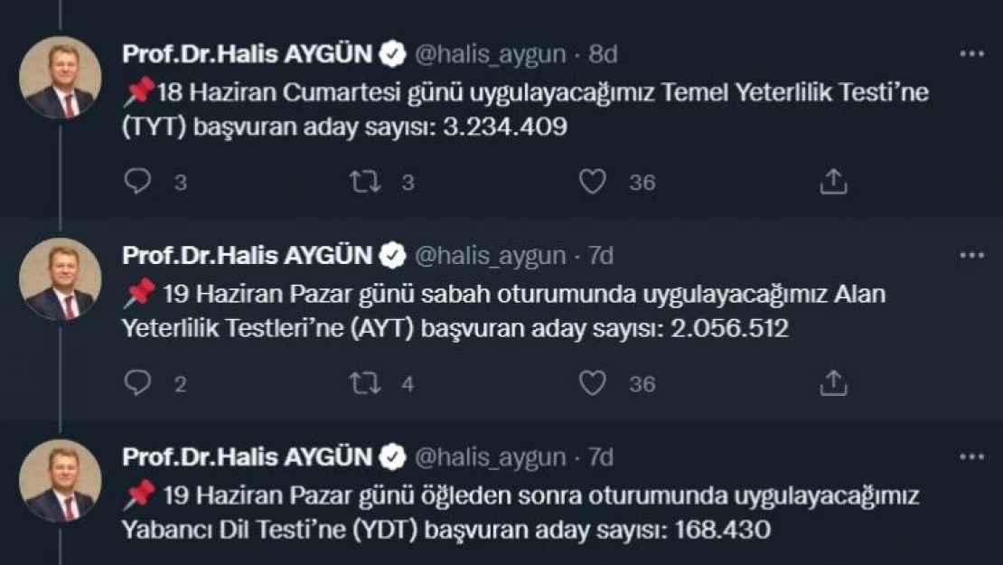 ÖSYM Başkanı Aygün: '2022 YKS'ye başvuran toplam aday sayısı 3 milyon 243 bin 425'