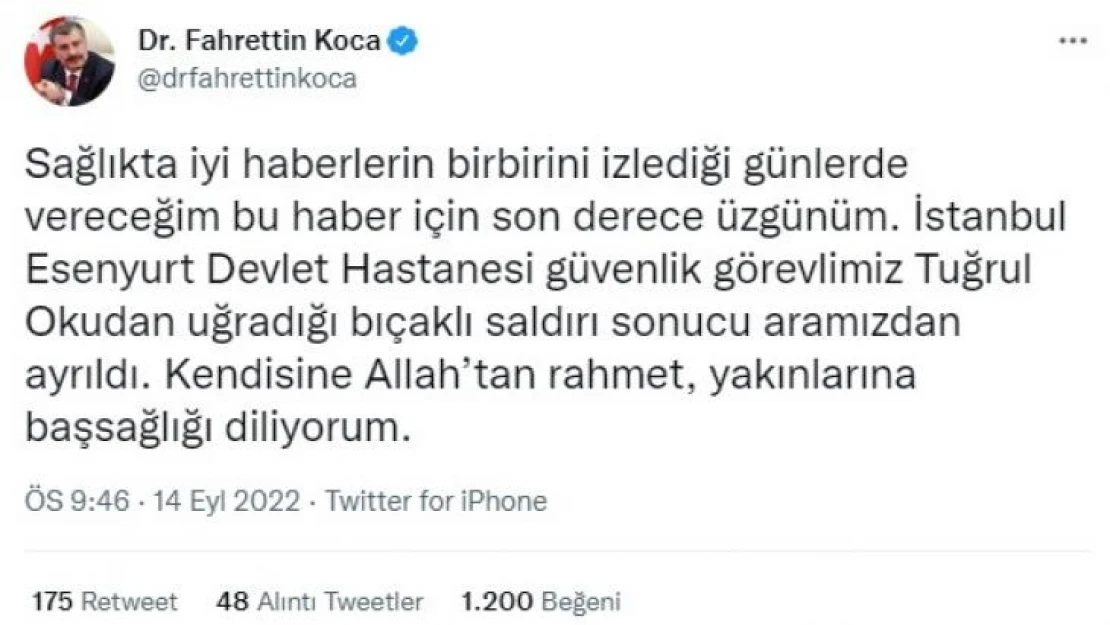 Sağlık Bakanı Koca'dan hayatını kaybeden güvenlik görevlisiyle ilgili paylaşım