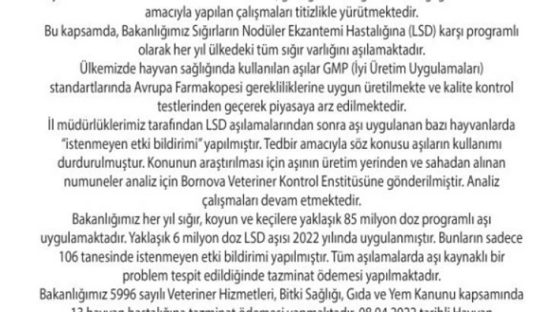 Tarım ve Orman Bakanlığı: 'Uygunsuzluk tespit edilen aşıların hayvan sağlığında kullanımına asla izin verilmemektedir'