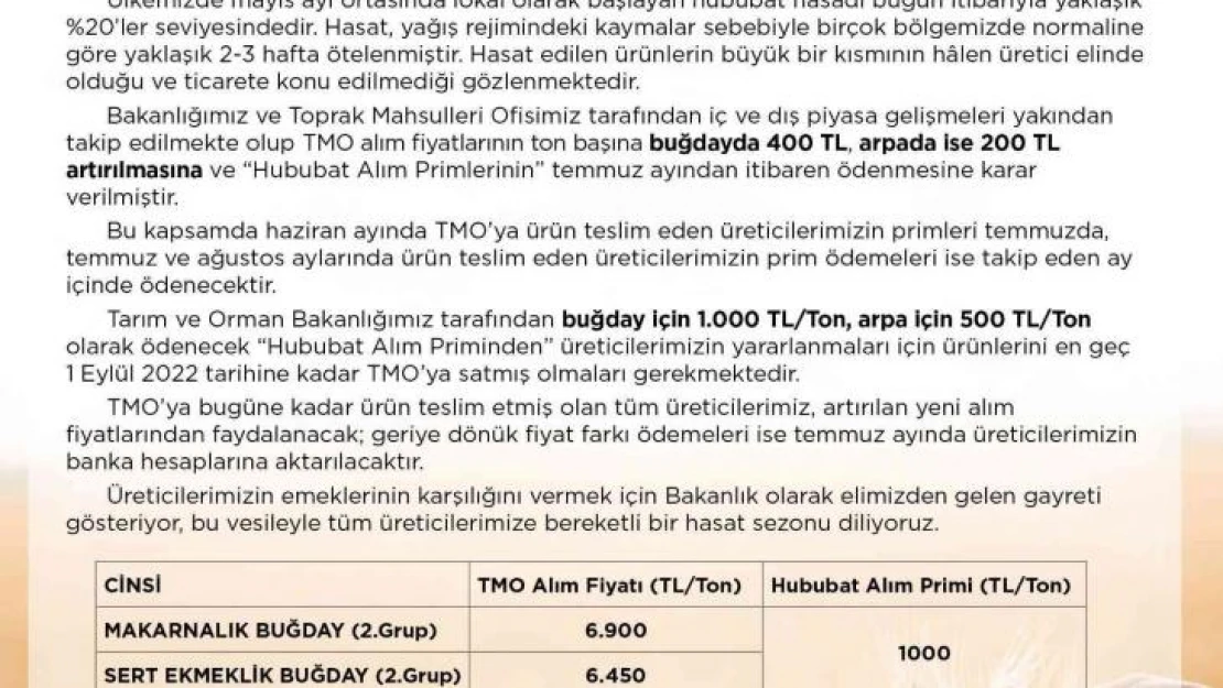 TMO hububat alım fiyatları güncellendi