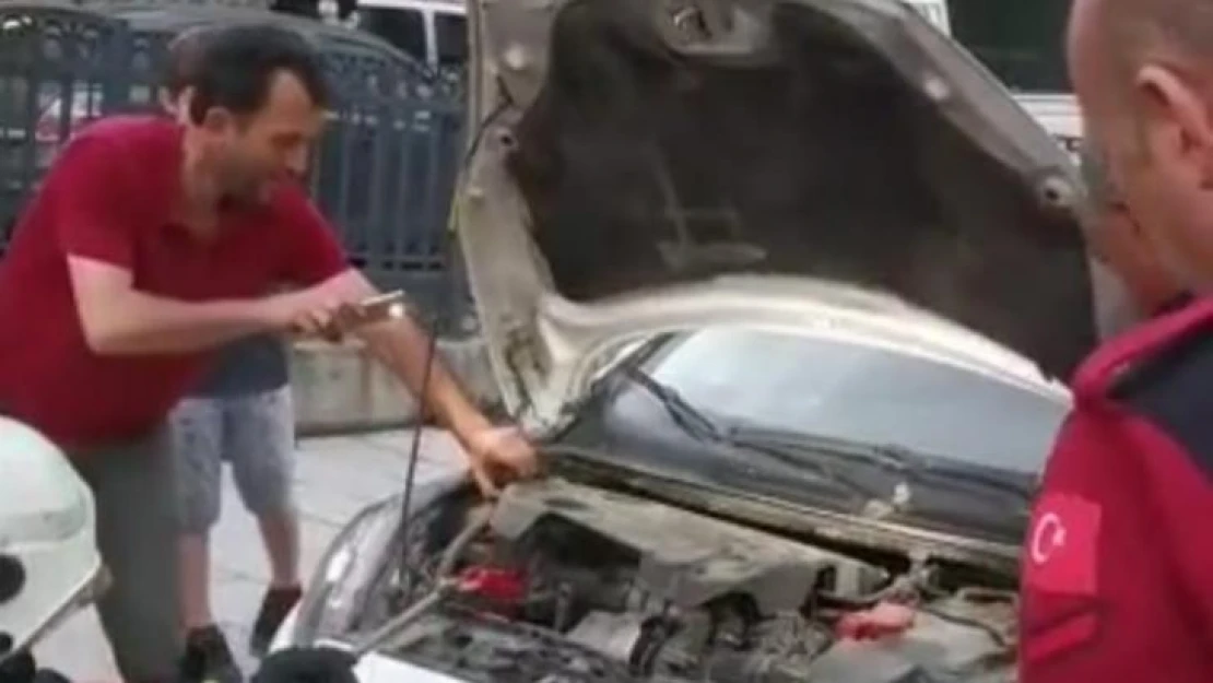 Trabzon'da bir otomobilin motor kısmına giren yılanı itfaiye çıkardı