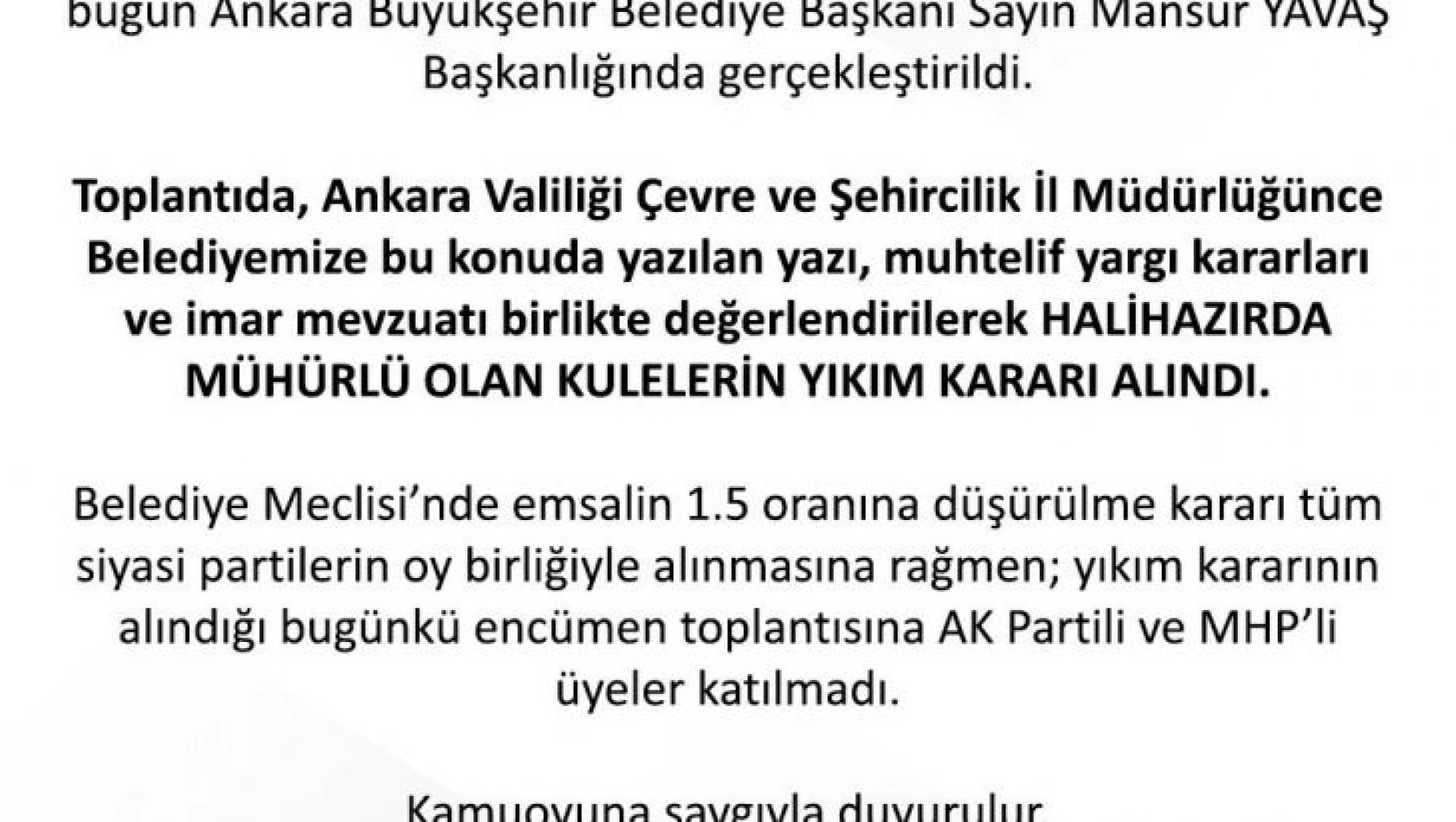 Ankara Büyükşehir Belediyesi, TOGO Kuleleri için yıkım kararı alındığını duyurdu