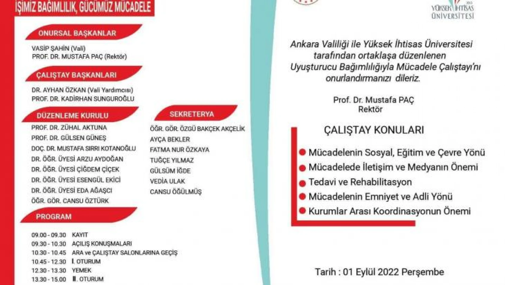 Ankara Valiliği ile Yüksek İhtisas Üniversitesi'nden 'Ankara Uyuşturucu ile Mücadele Çalıştayı'