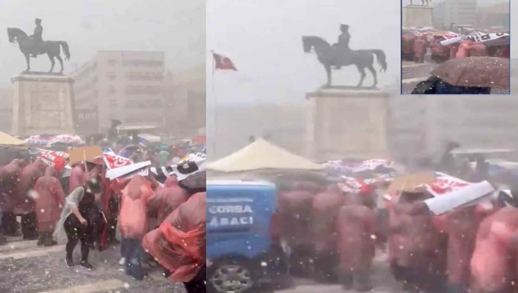 Öğretmen adayları yağan doluya rağmen mülakatsız atama için Ulus'ta toplandı