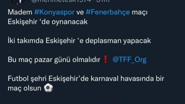 Başkan Şimşek'ten 'Konyaspor-Fenerbahçe' maçının pazar günü oynanması talebi