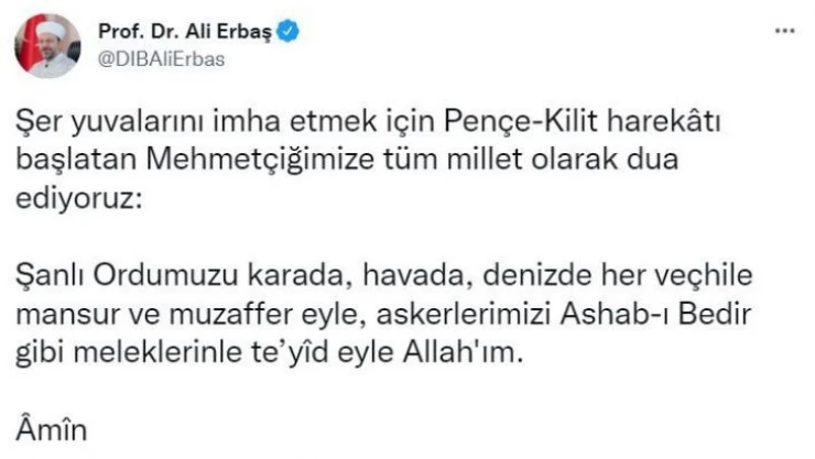 Diyanet İşleri Başkanı Erbaş'tan Mehmetçiğe destek mesajı