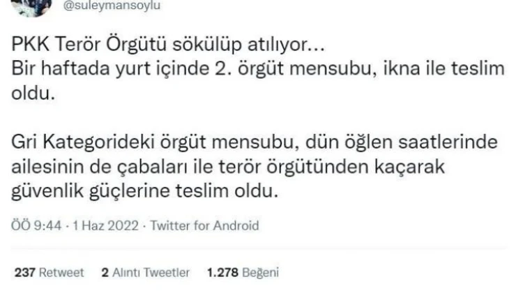 İçişleri Bakanı Soylu: 'Gri kategorideki örgüt mensubu teslim oldu'