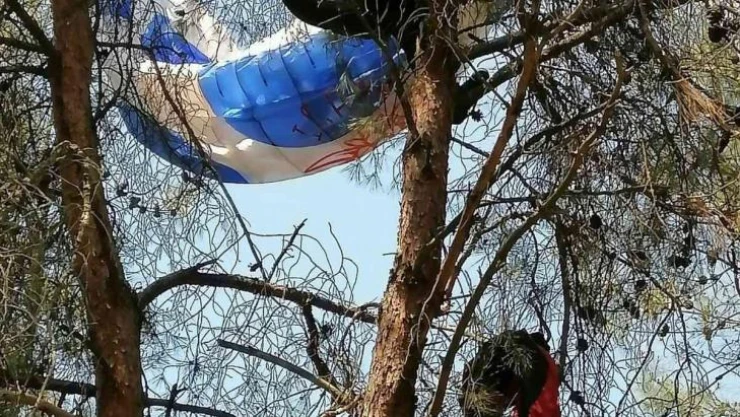 Manisa'da amatör paraşütçü ağaca asılı kaldı