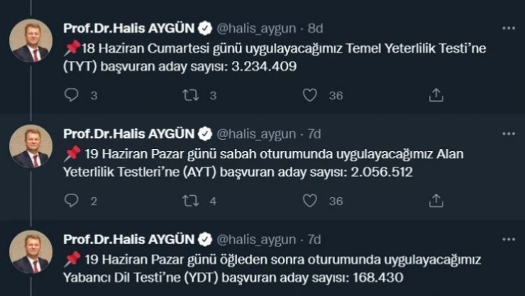 ÖSYM Başkanı Aygün: '2022 YKS'ye başvuran toplam aday sayısı 3 milyon 243 bin 425'