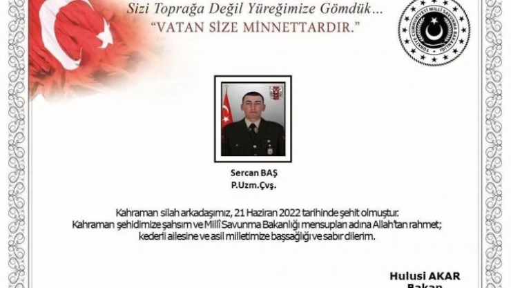 Pençe- Kilit Harekat bölgesinde bir asker şehit oldu